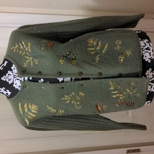 Vintage Susan Bristol Wool Sage Green Leaf Embroidered Cardigan Sweater, Size PL